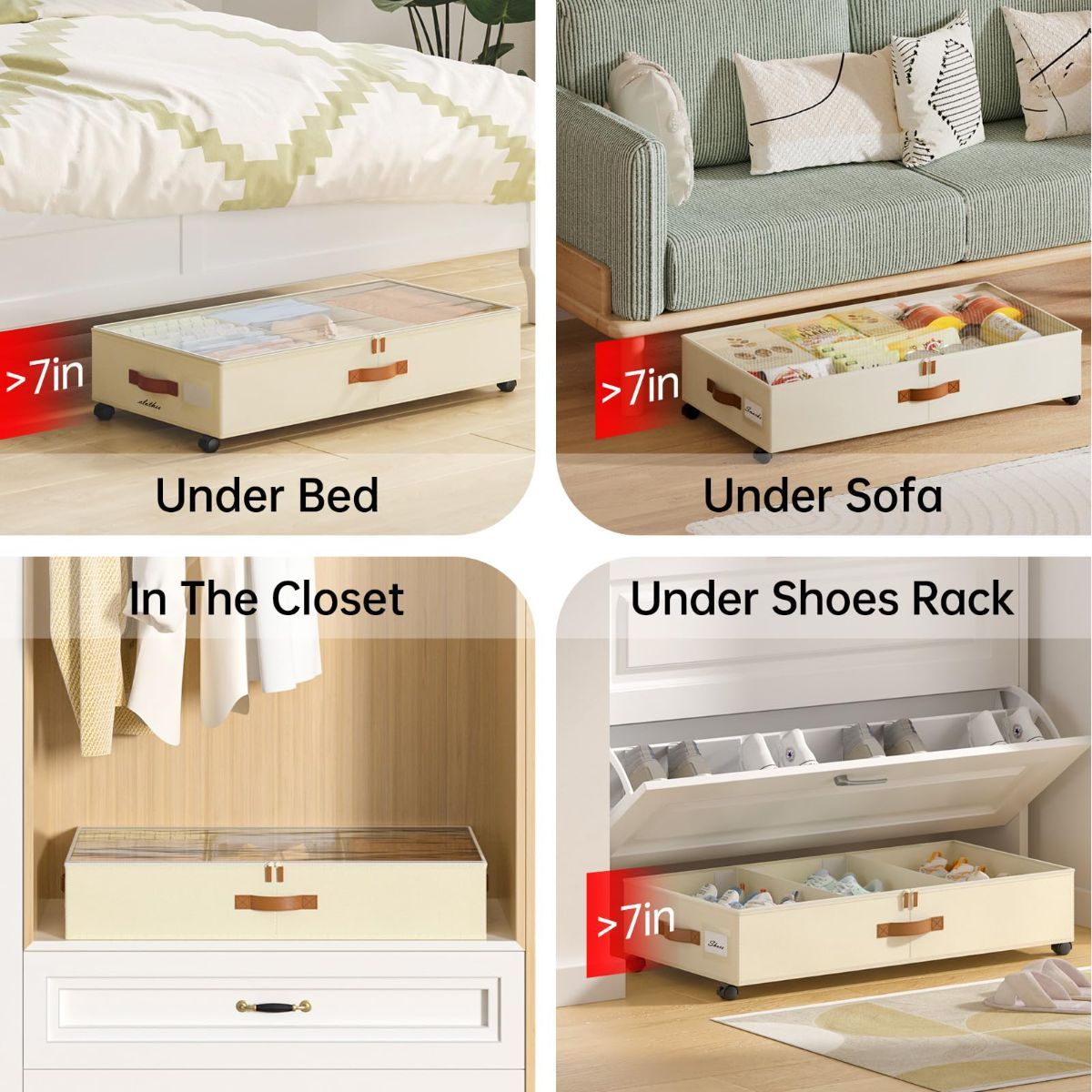 Two black under-bed storage bins with clear lids, wheels and dividers