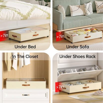 Two black under-bed storage bins with clear lids, wheels and dividers