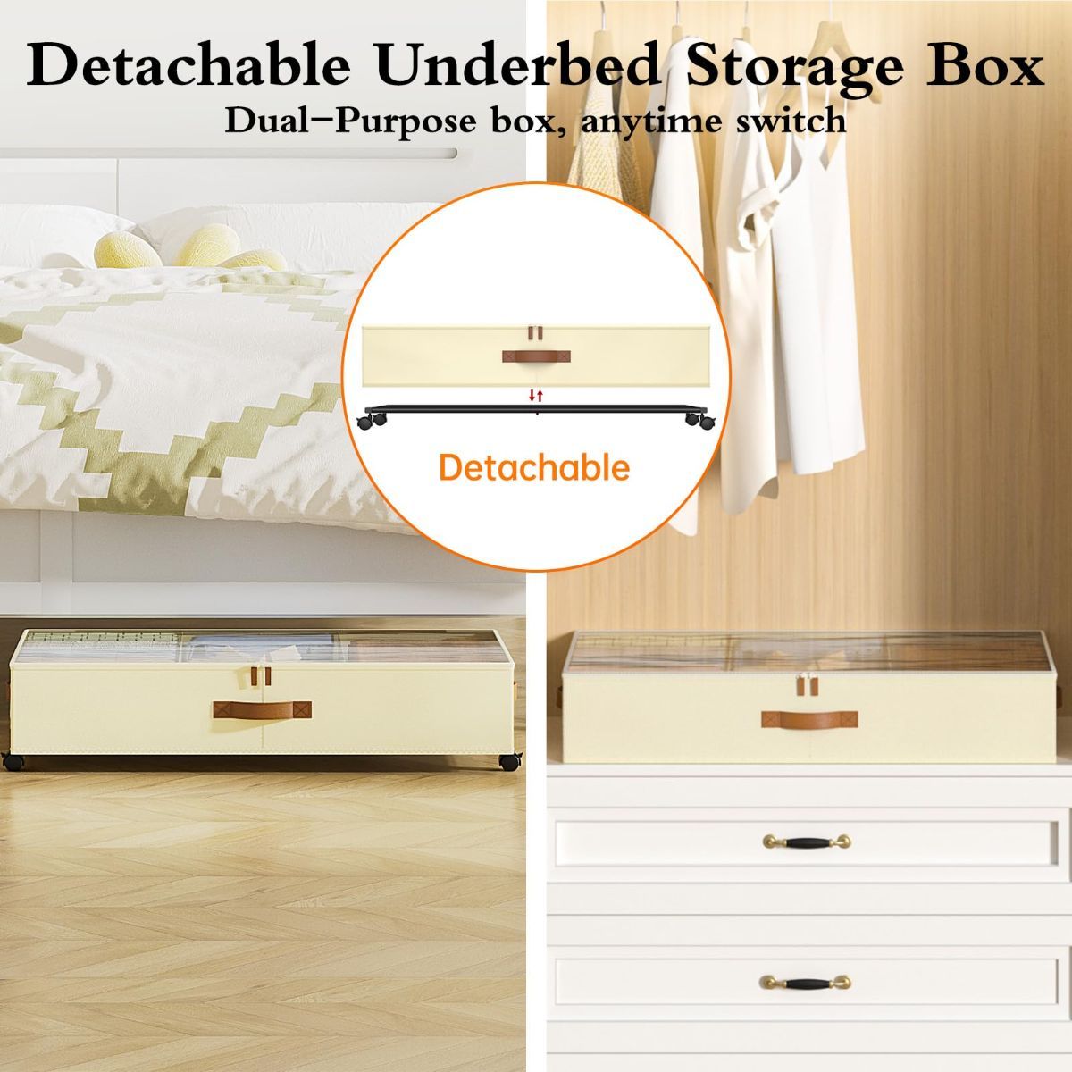 Two black under-bed storage bins with clear lids, wheels and dividers