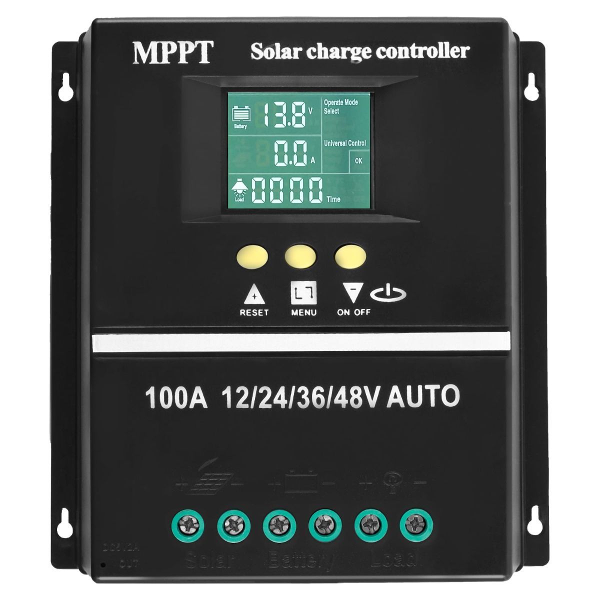 Black MPPT solar charge controller with LCD screen and dual USB ports