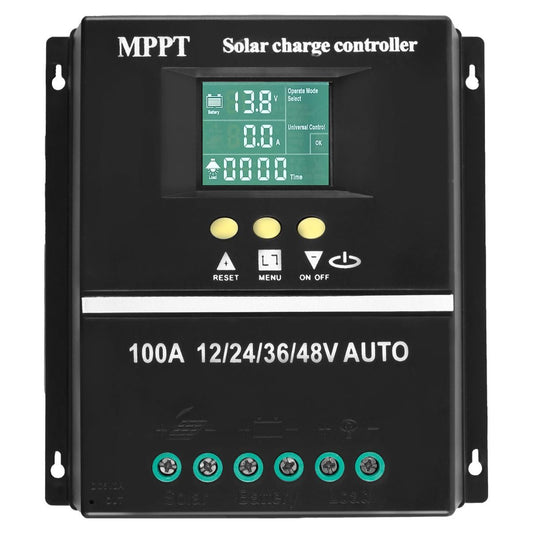 Black MPPT solar charge controller with LCD screen and dual USB ports