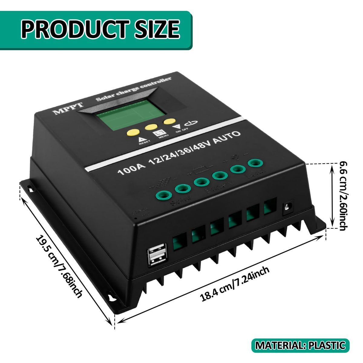 Black MPPT solar charge controller with LCD screen and dual USB ports