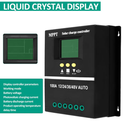 Black MPPT solar charge controller with LCD screen and dual USB ports