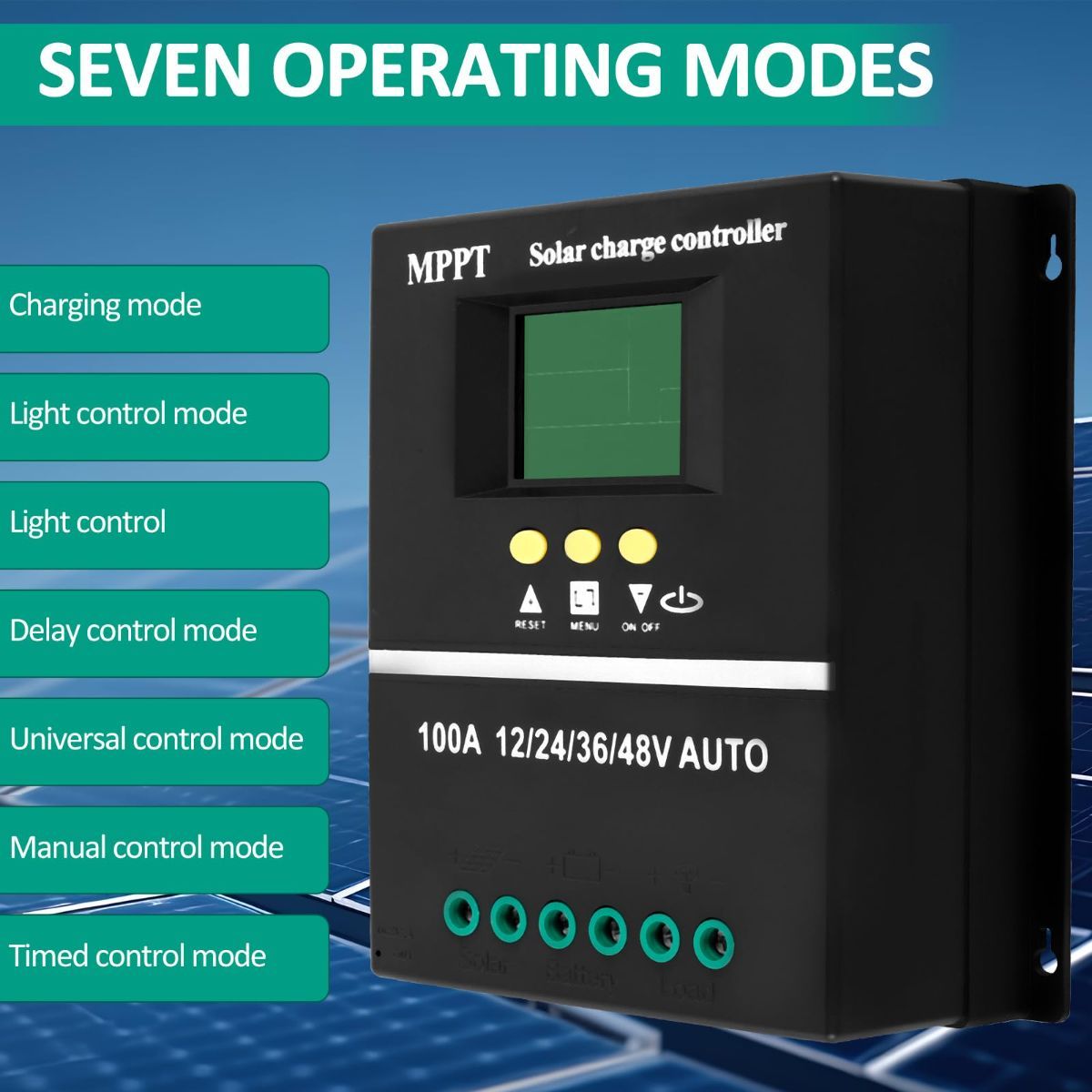 Black MPPT solar charge controller with LCD screen and dual USB ports