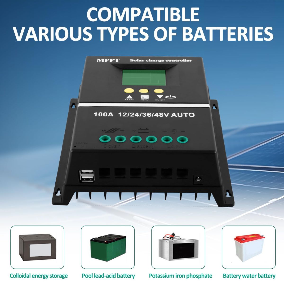 Black MPPT solar charge controller with LCD screen and dual USB ports