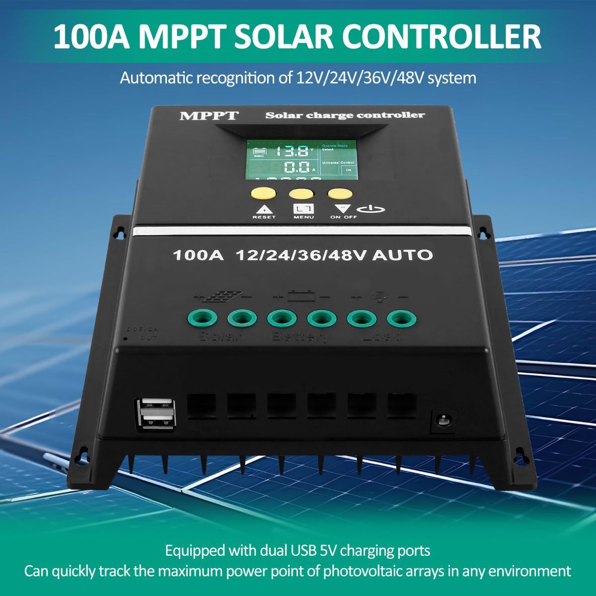 Black MPPT solar charge controller with LCD screen and dual USB ports