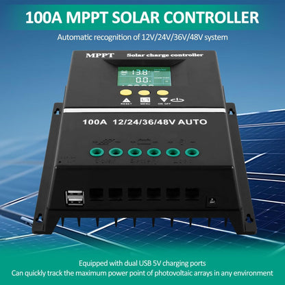 Black MPPT solar charge controller with LCD screen and dual USB ports