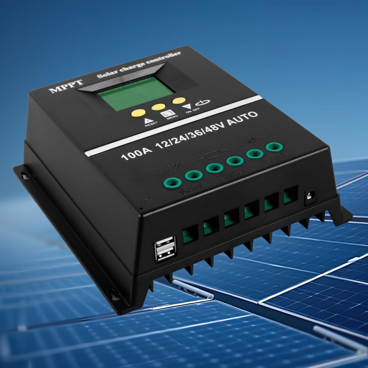 Black MPPT solar charge controller with LCD screen and dual USB ports