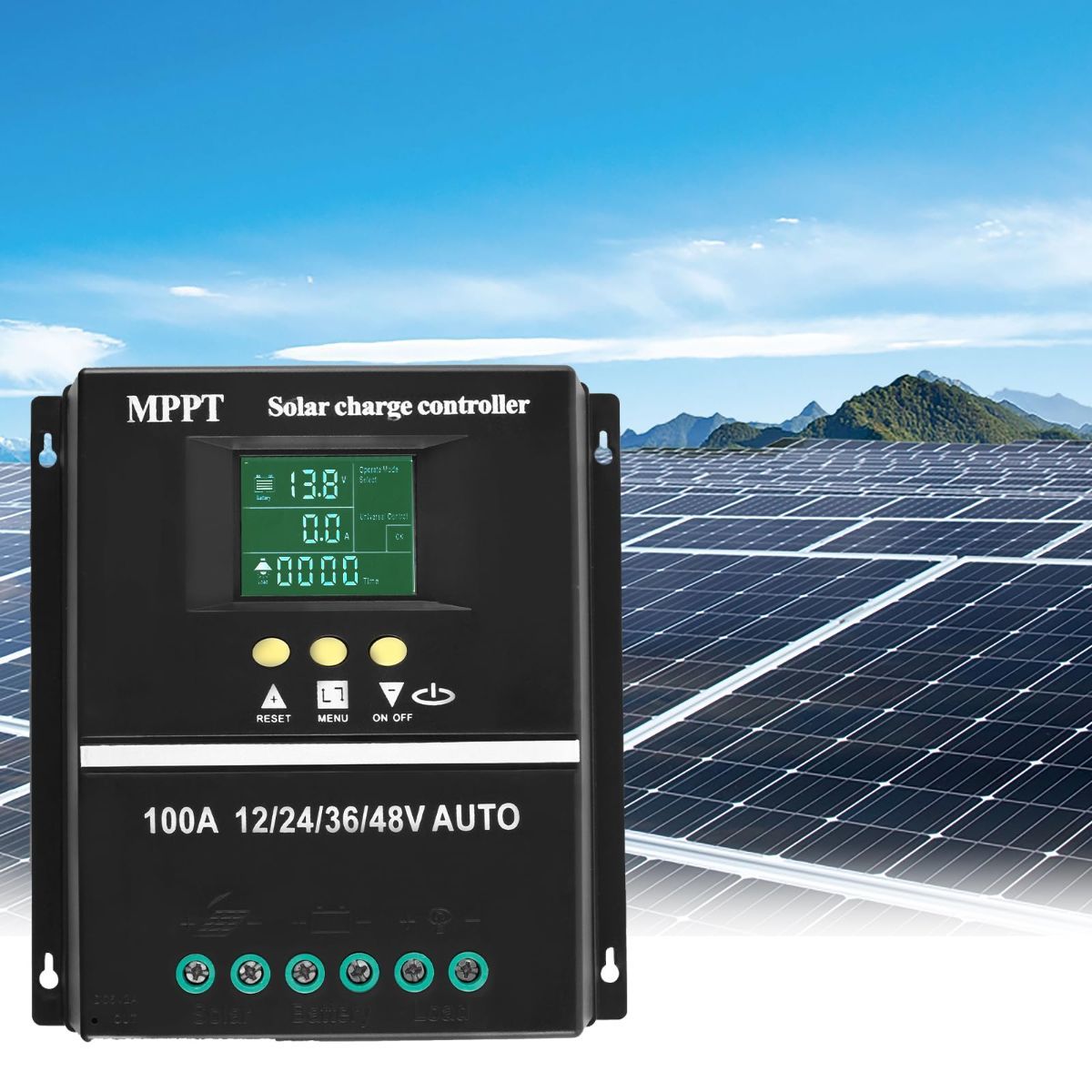 Black MPPT solar charge controller with LCD screen and dual USB ports