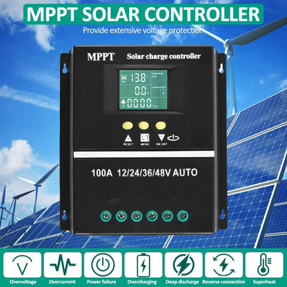 Black MPPT solar charge controller with LCD screen and dual USB ports