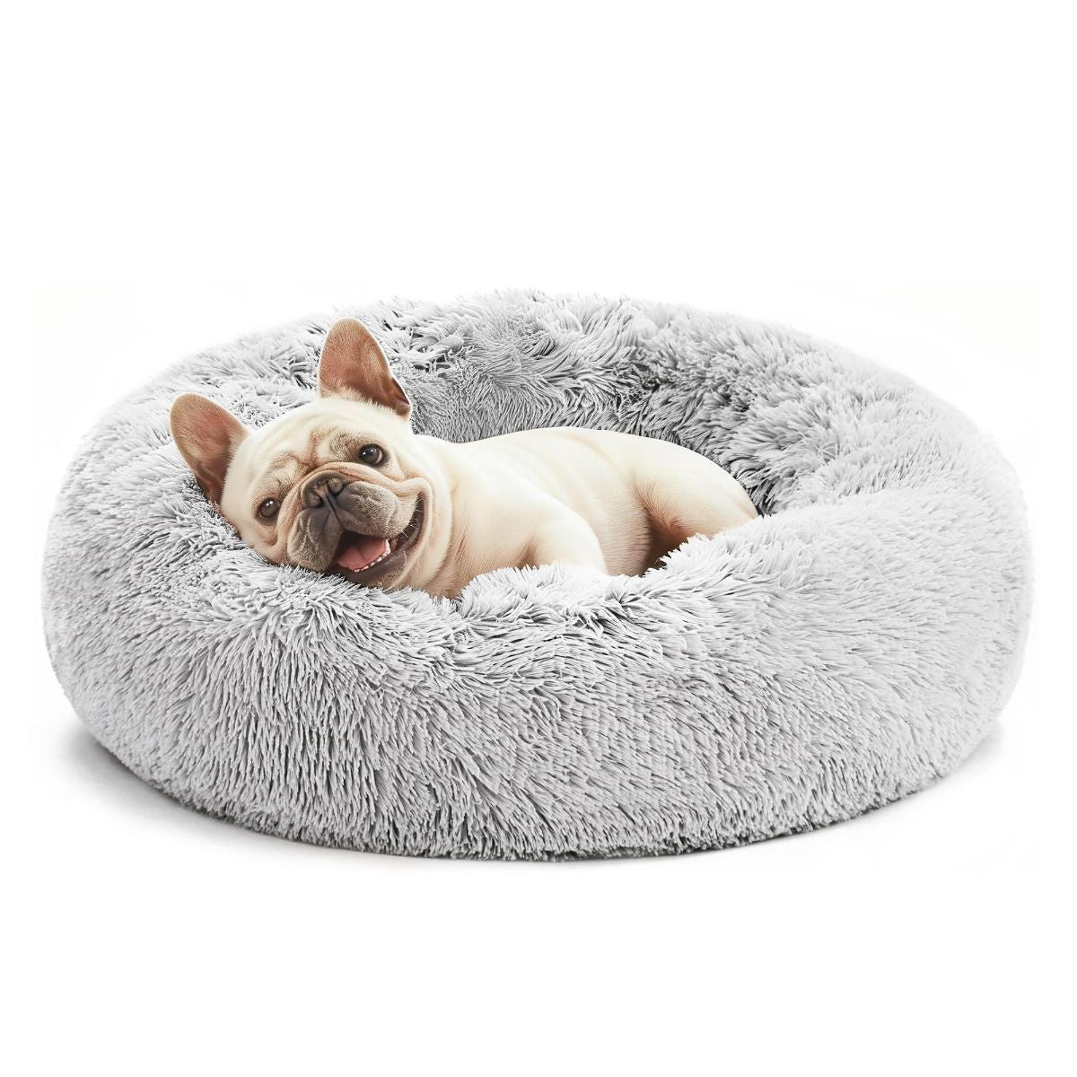 Grey round anti-anxiety donut pet bed with raised edges and plush faux fur