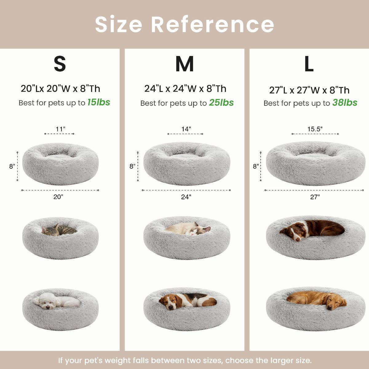 Grey round anti-anxiety donut pet bed with raised edges and plush faux fur