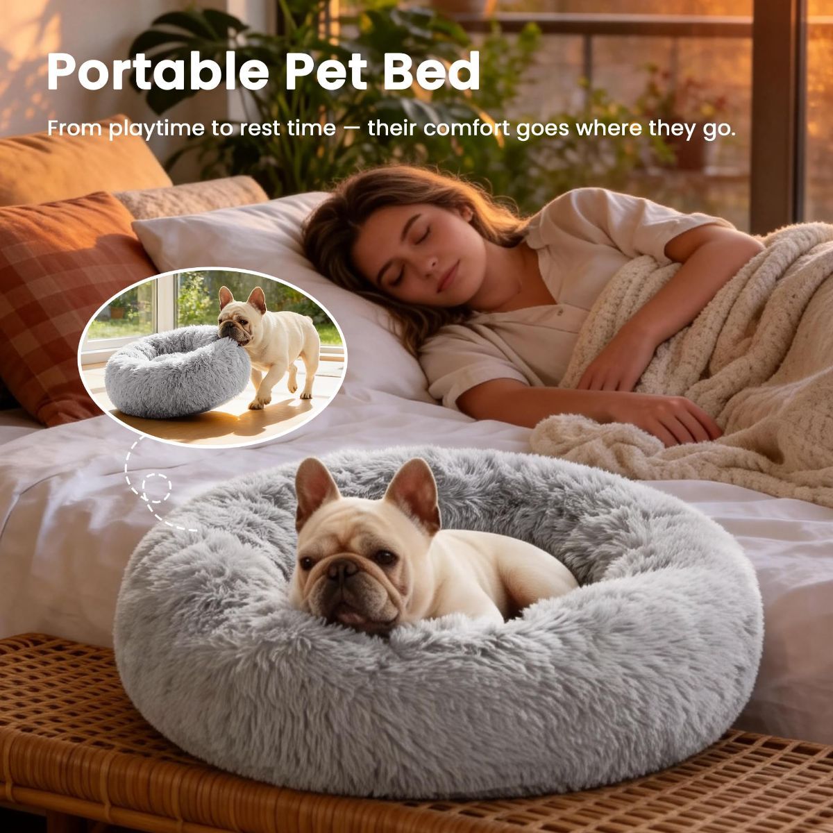 Grey round anti-anxiety donut pet bed with raised edges and plush faux fur
