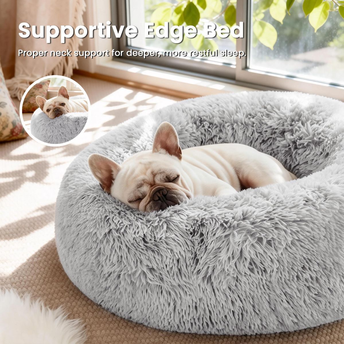 Grey round anti-anxiety donut pet bed with raised edges and plush faux fur
