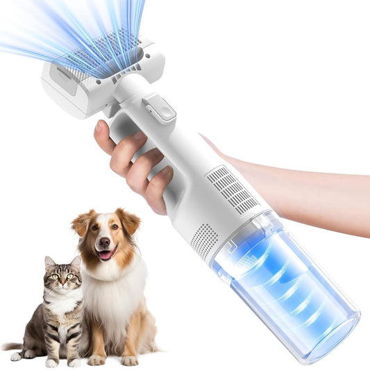 Pet grooming vacuum with slicker brush attachment being used on a dog