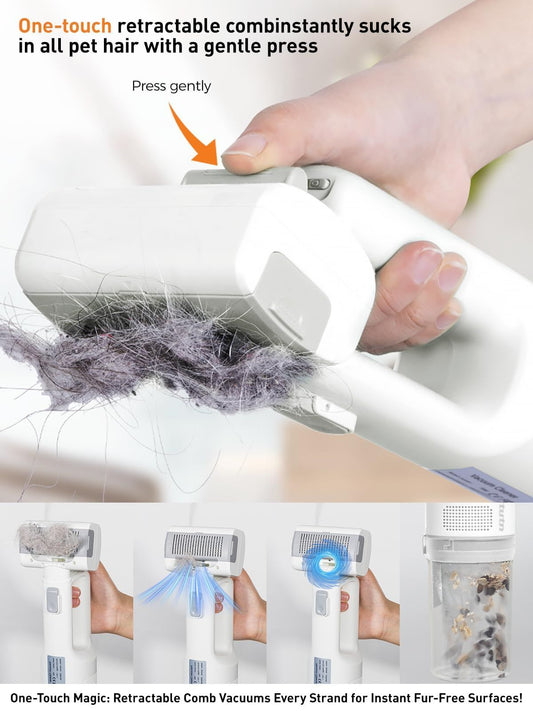 Pet grooming vacuum with slicker brush attachment being used on a dog