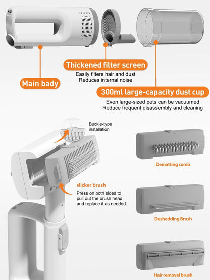 Pet grooming vacuum with slicker brush attachment being used on a dog