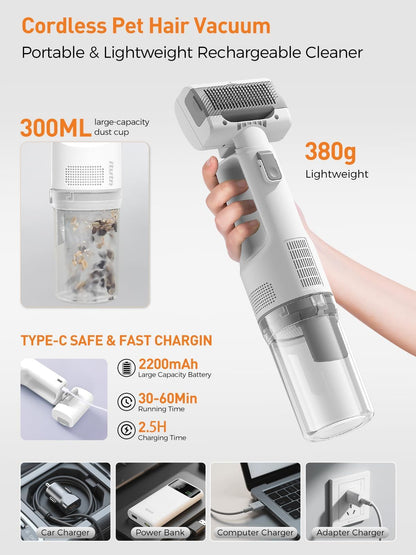 Pet grooming vacuum with slicker brush attachment being used on a dog