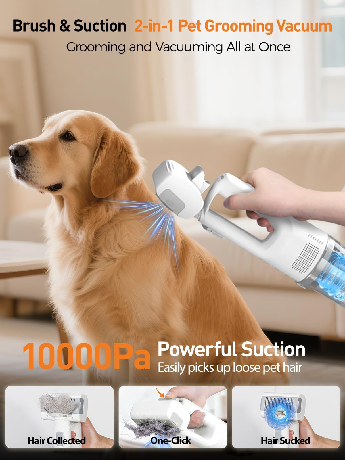 Pet grooming vacuum with slicker brush attachment being used on a dog