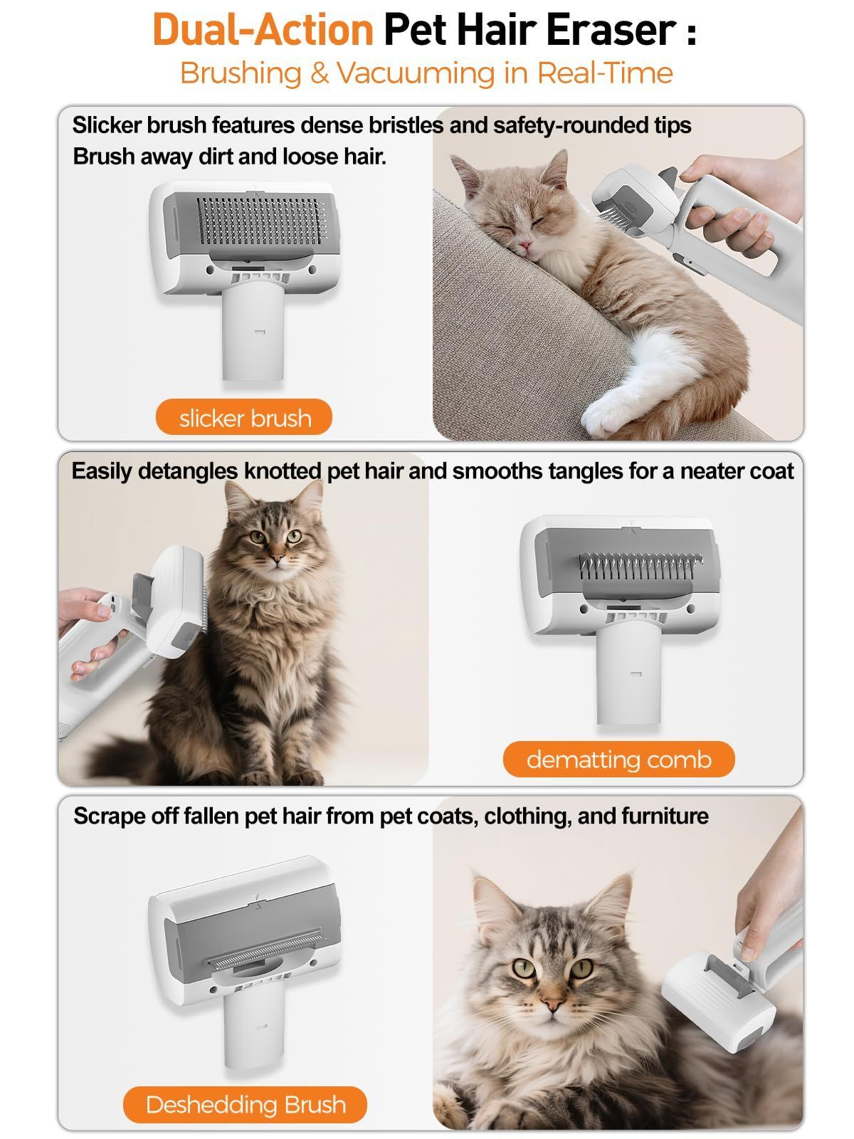 Pet grooming vacuum with slicker brush attachment being used on a dog