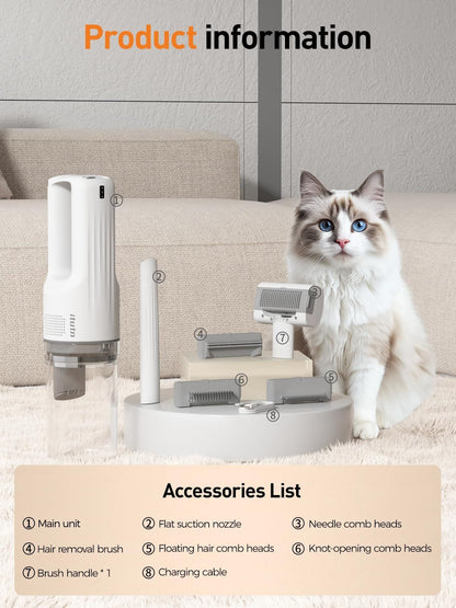Pet grooming vacuum with slicker brush attachment being used on a dog