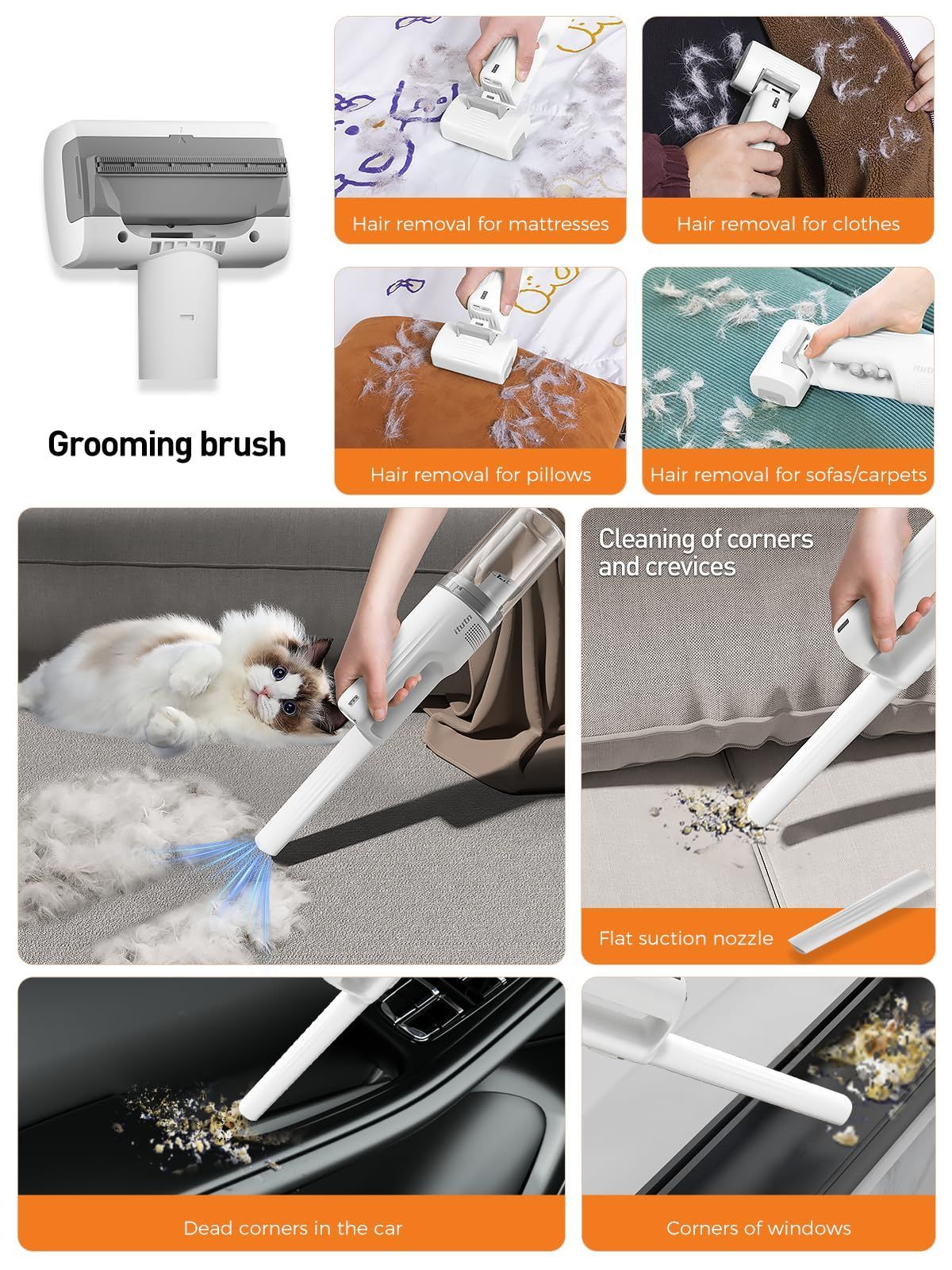 Pet grooming vacuum with slicker brush attachment being used on a dog