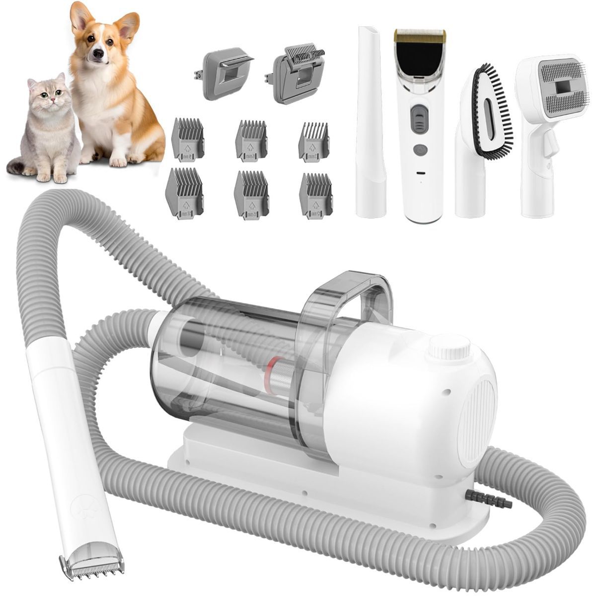 Pet grooming vacuum set with scissors, brush and comb attachments
