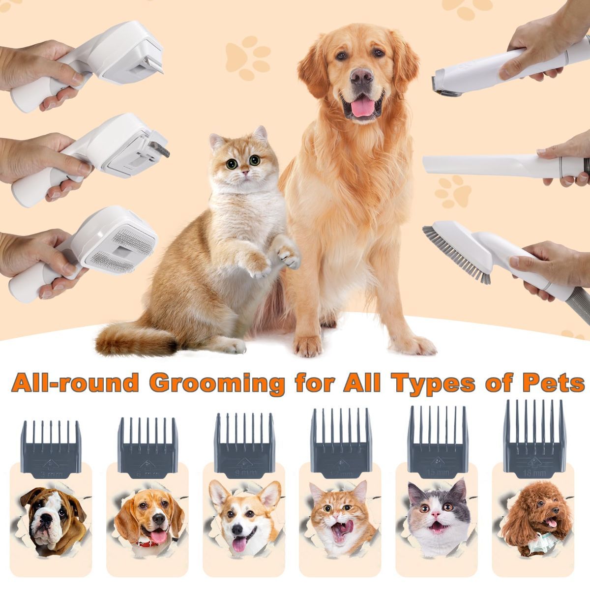 Pet grooming vacuum set with scissors, brush and comb attachments
