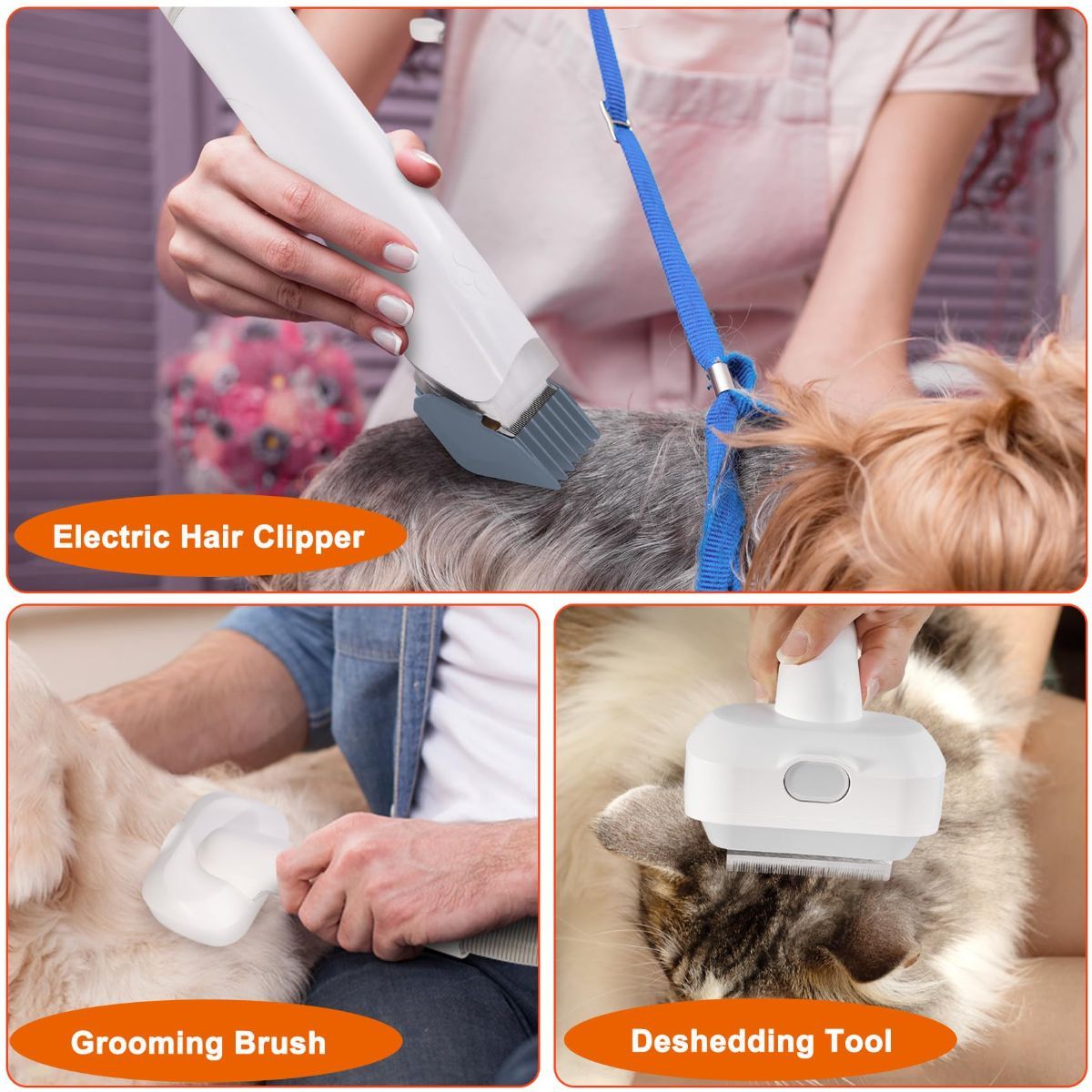 Pet grooming vacuum set with scissors, brush and comb attachments