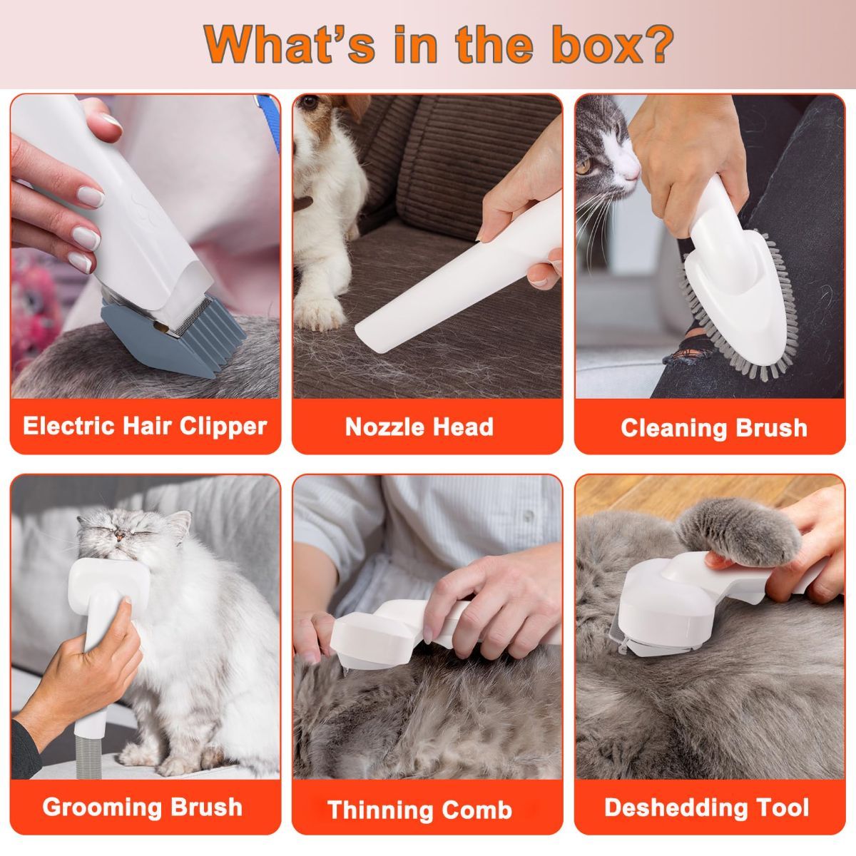 Pet grooming vacuum set with scissors, brush and comb attachments