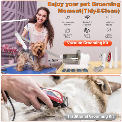 Pet grooming vacuum set with scissors, brush and comb attachments