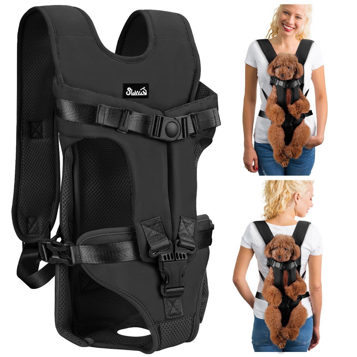Black dog harness with attached storage bags for outdoor walks
