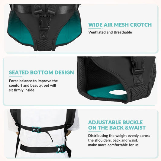 Black dog harness with attached storage bags for outdoor walks