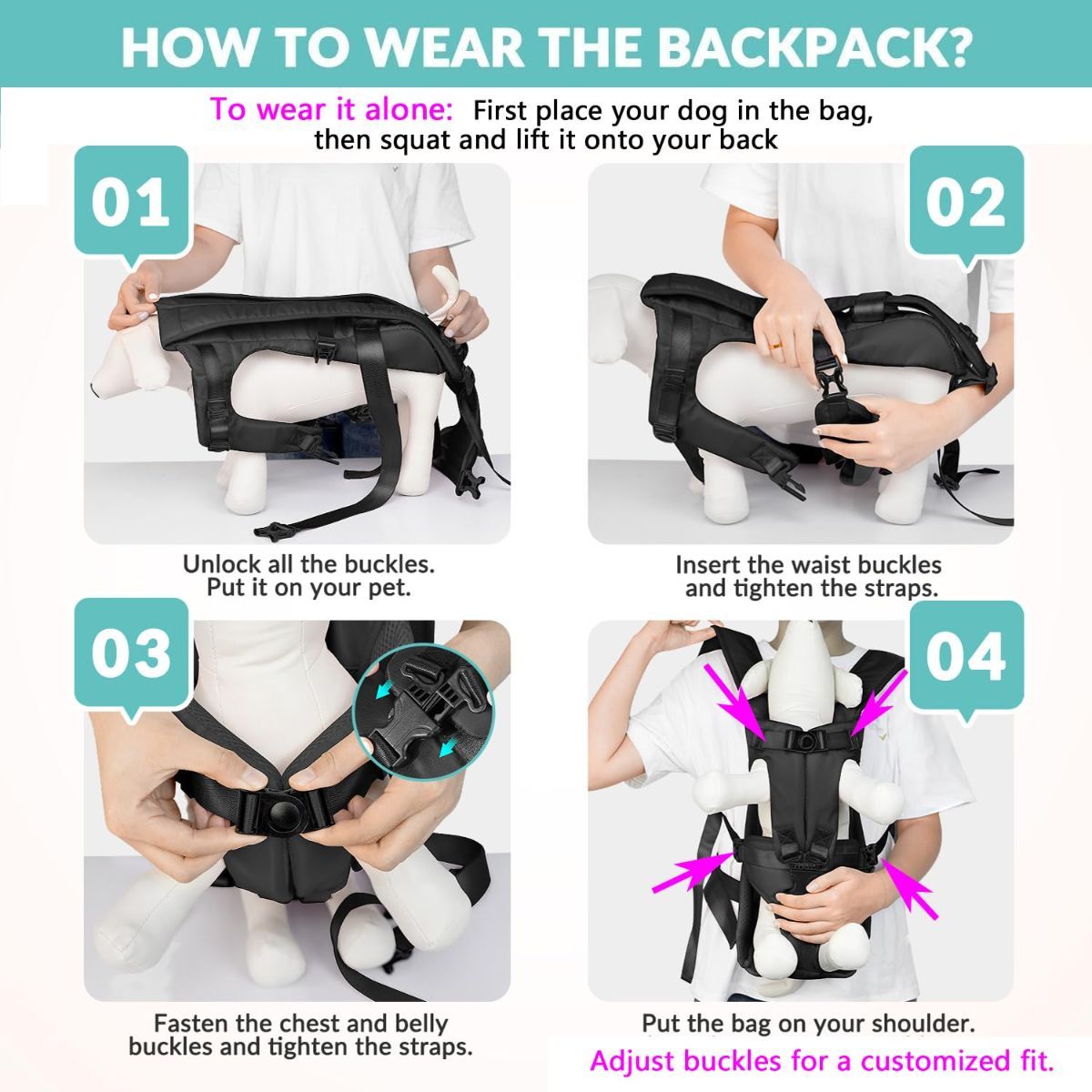Black dog harness with attached storage bags for outdoor walks