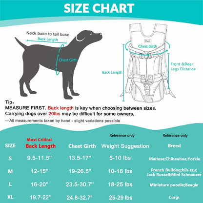 Black dog harness with attached storage bags for outdoor walks