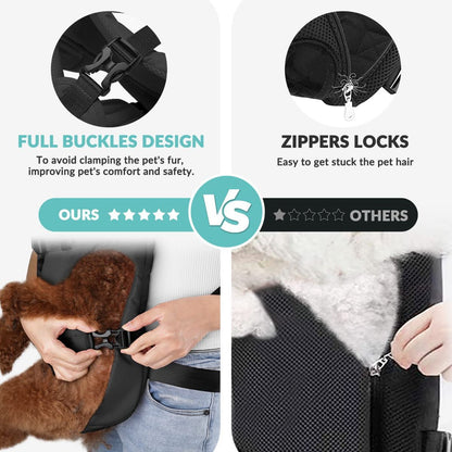 Black dog harness with attached storage bags for outdoor walks