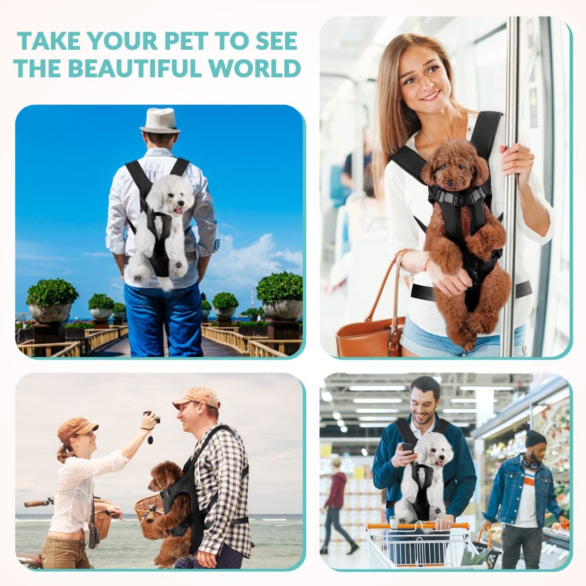 Black dog harness with attached storage bags for outdoor walks