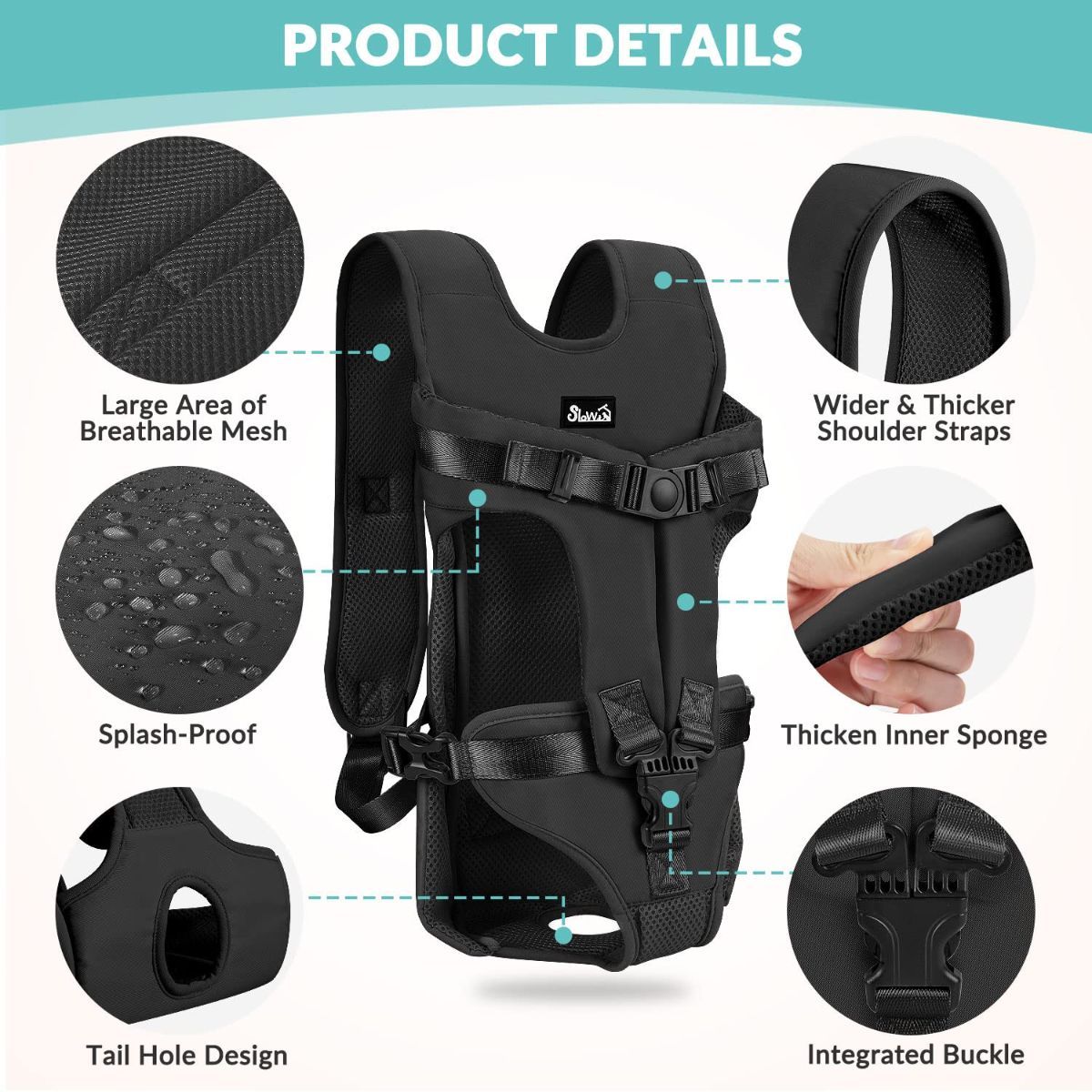 Black dog harness with attached storage bags for outdoor walks