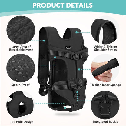 Black dog harness with attached storage bags for outdoor walks