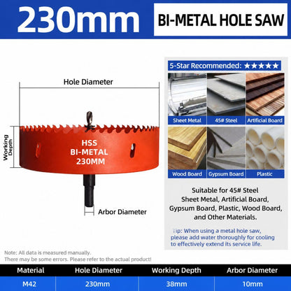 230mm bi-metal M42 HSS hole saw with pilot drill bit