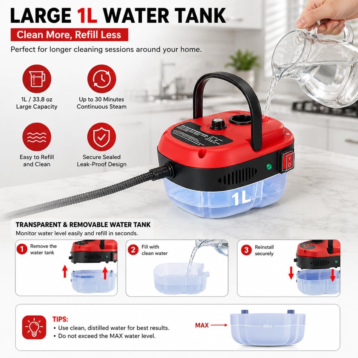Red 2500W steam cleaner with brush heads for car and home cleaning