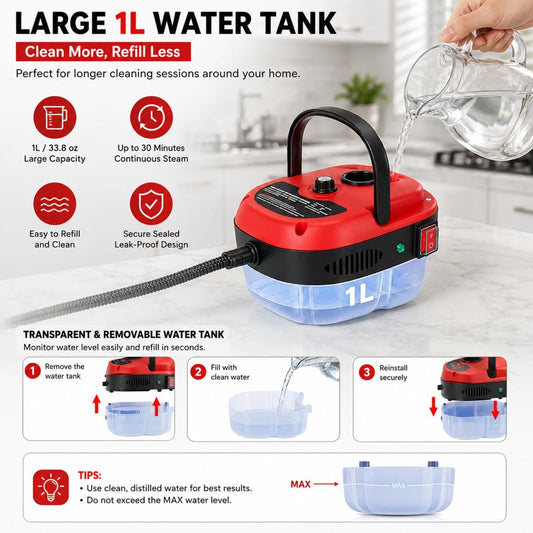 Red 2500W steam cleaner with brush heads for car and home cleaning