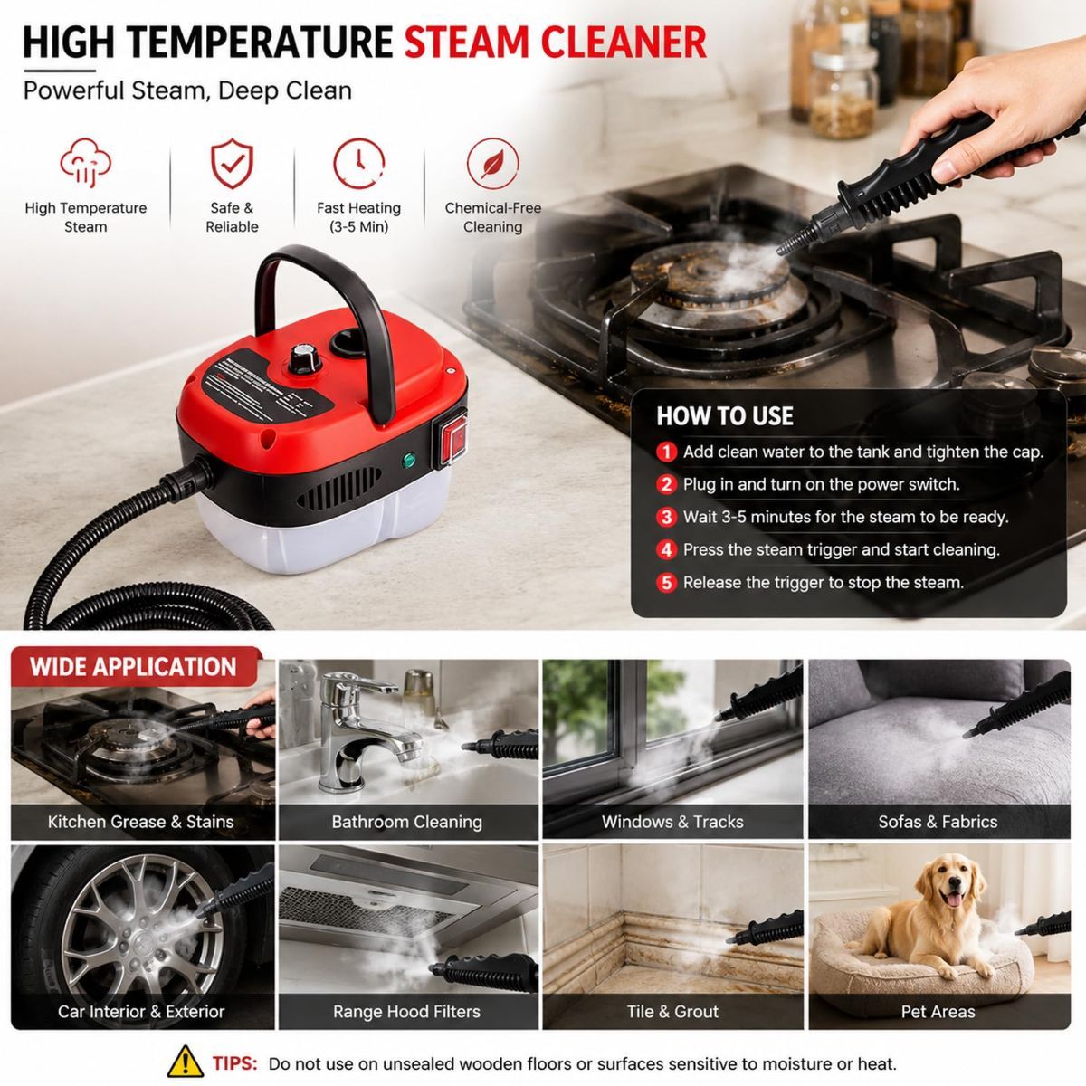 Red 2500W steam cleaner with brush heads for car and home cleaning