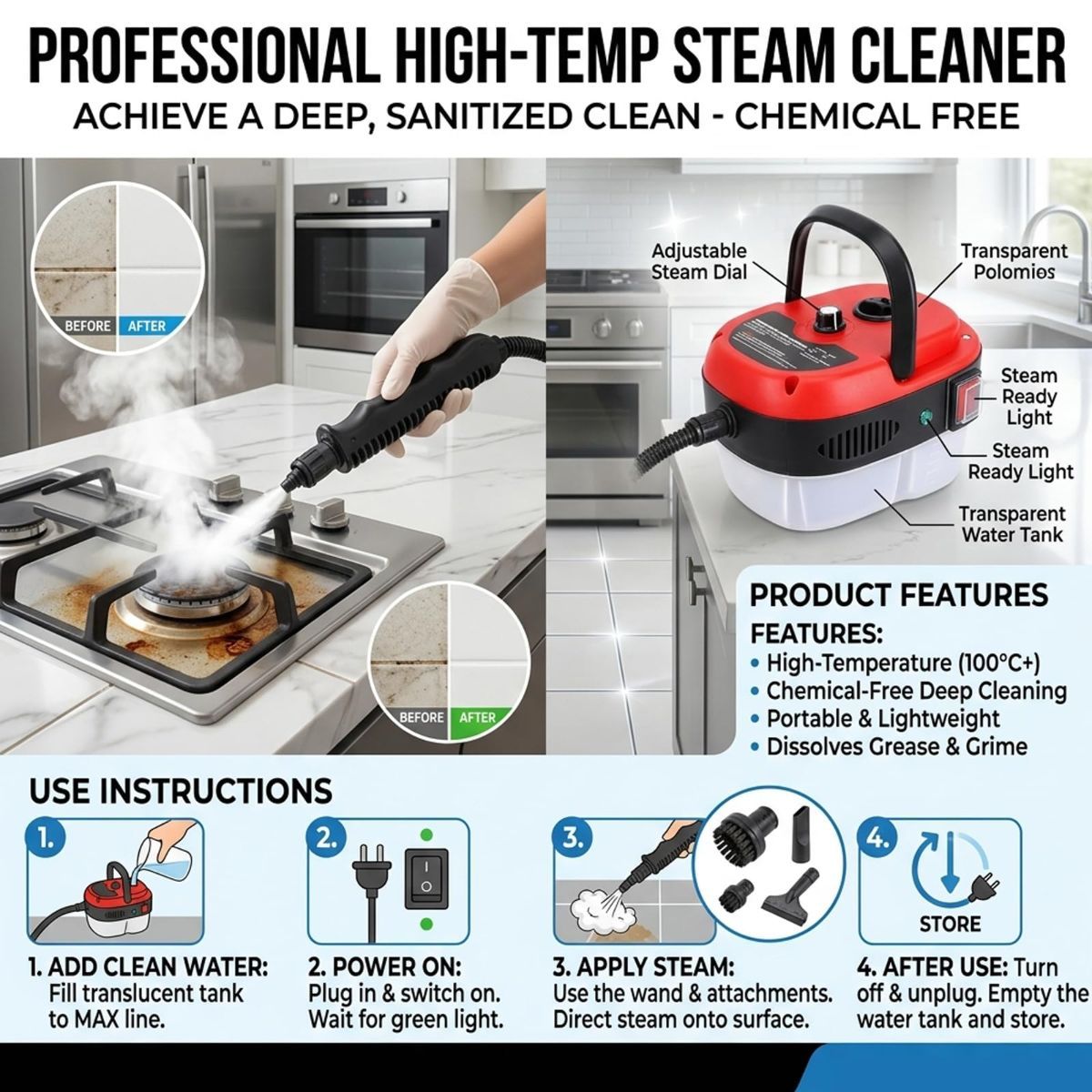Red 2500W steam cleaner with brush heads for car and home cleaning