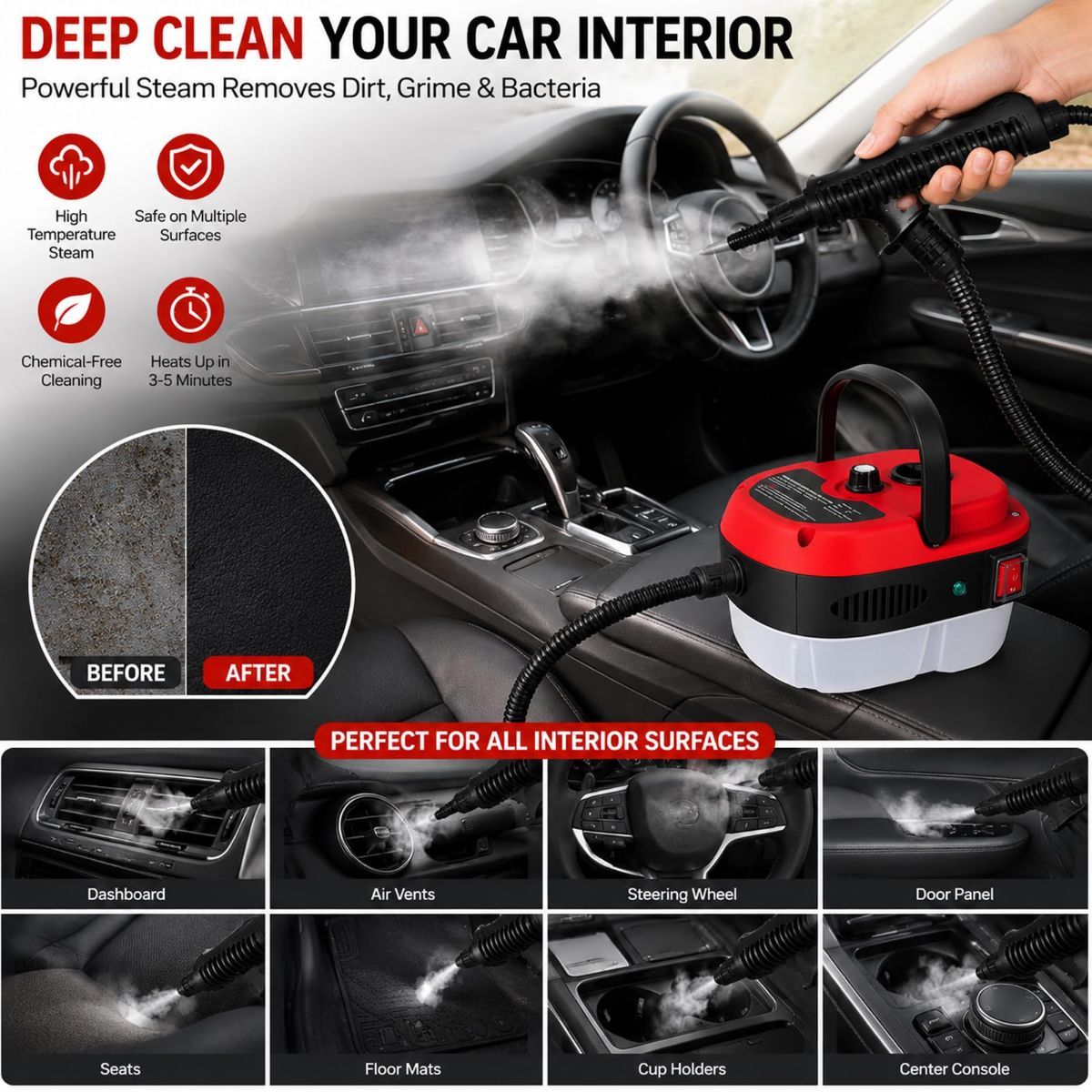 Red 2500W steam cleaner with brush heads for car and home cleaning