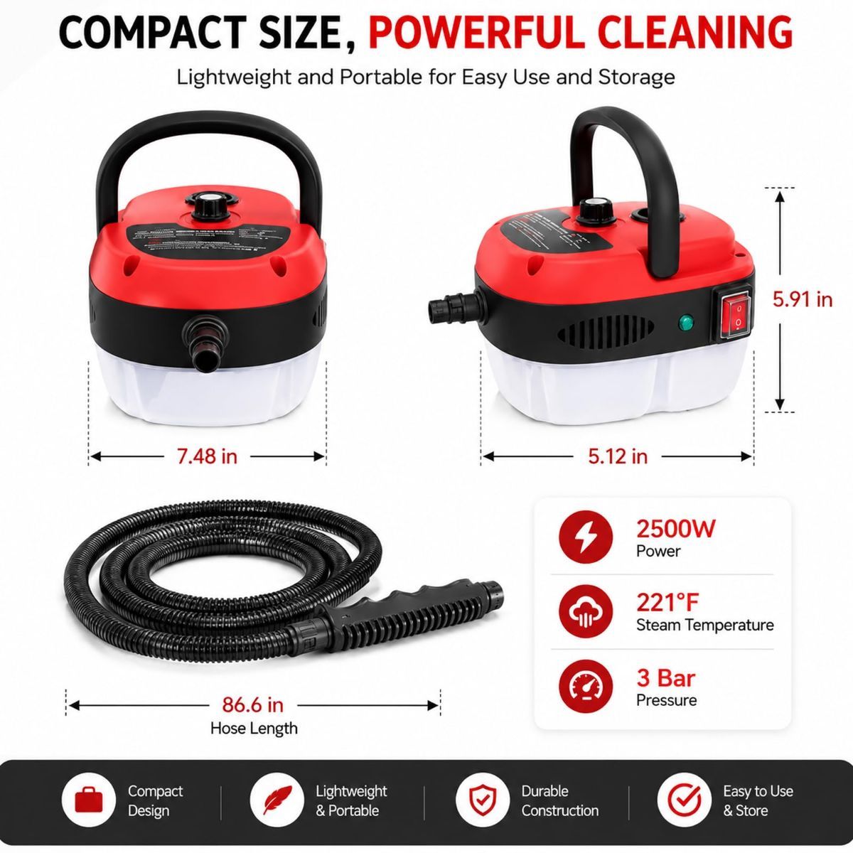 Red 2500W steam cleaner with brush heads for car and home cleaning