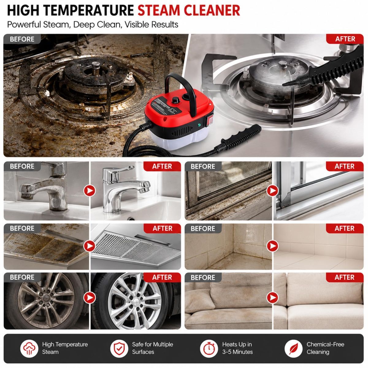 Red 2500W steam cleaner with brush heads for car and home cleaning