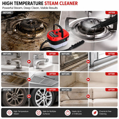 Red 2500W steam cleaner with brush heads for car and home cleaning