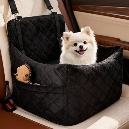 Black pet car seat booster with elevated sides, harness leashes and side storage pocket