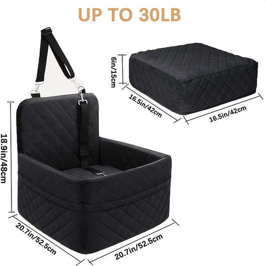 Black pet car seat booster with elevated sides, harness leashes and side storage pocket